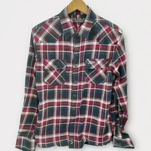Filter Flannel Shirt Large Blue Red White Plaid 2 Flap Pockets Mens Long Sleeves